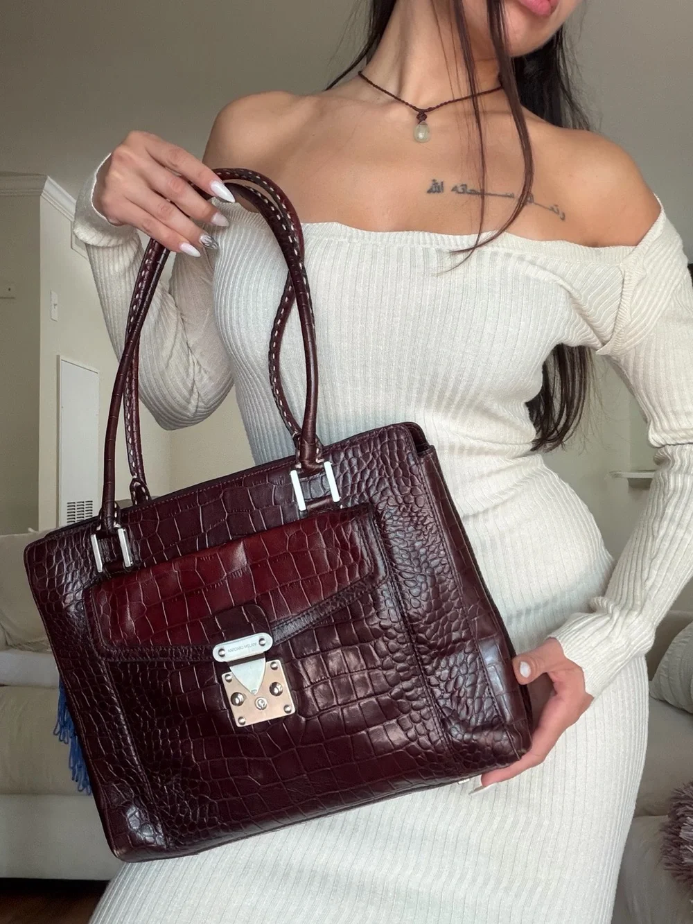 Y2K ANTONIO MELANI Croc-Embossed Shoulder Tote in Dark Brown